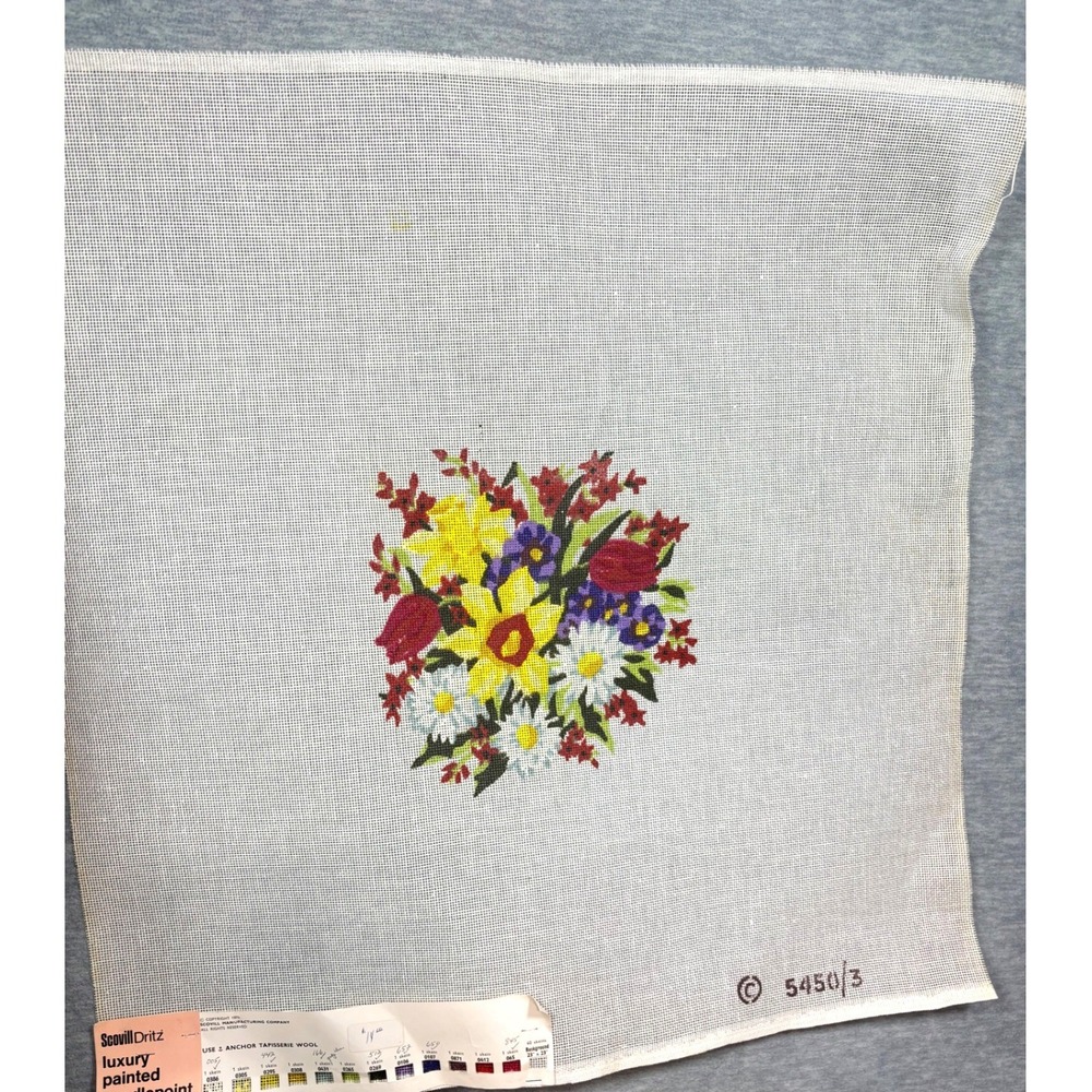 Vintage Scovill Dritz Floral Needlepoint Canvas 5450/3 Hand Painted 26x26 1974